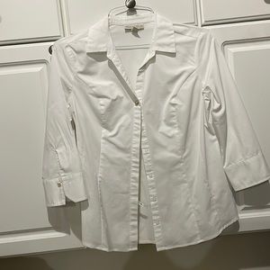 Women’s medium button-down shirt with gold buttons on cuffs and on neckline.